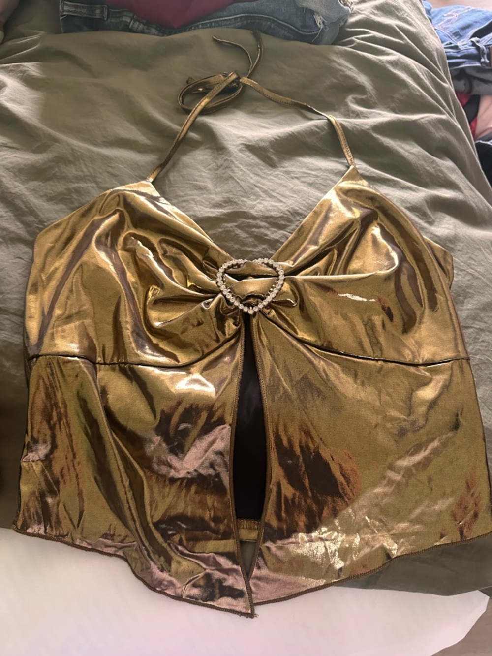 Metallic Gold Halter Top with Heart Accent
